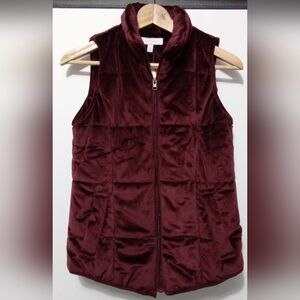 New Directions Burgundy Velvet Quilted Sleeveless Puffer Vest - Size S